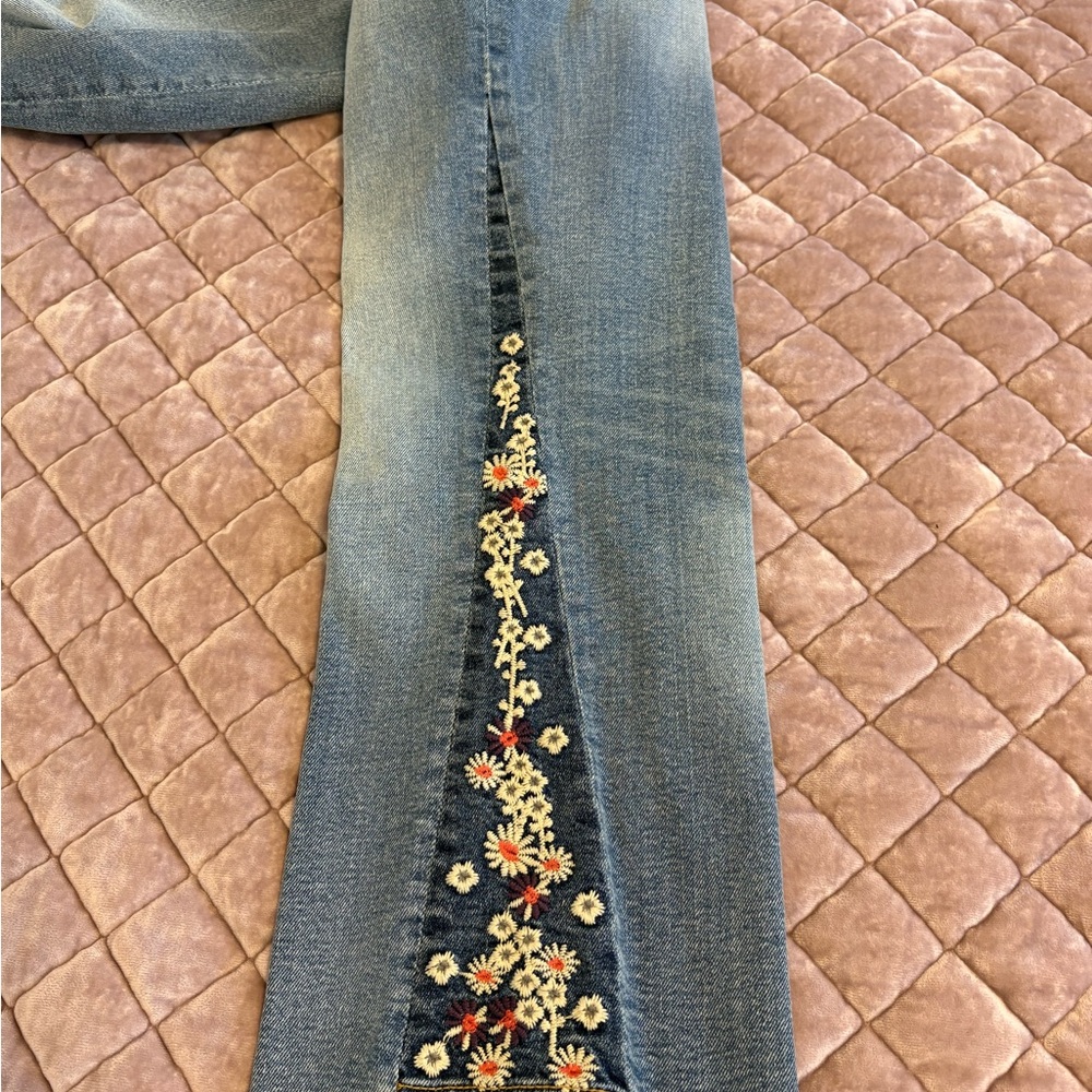 DRIFTWOOD Blue Embroidered Flare Jeans with Floral Trim - Picture 3 of 7